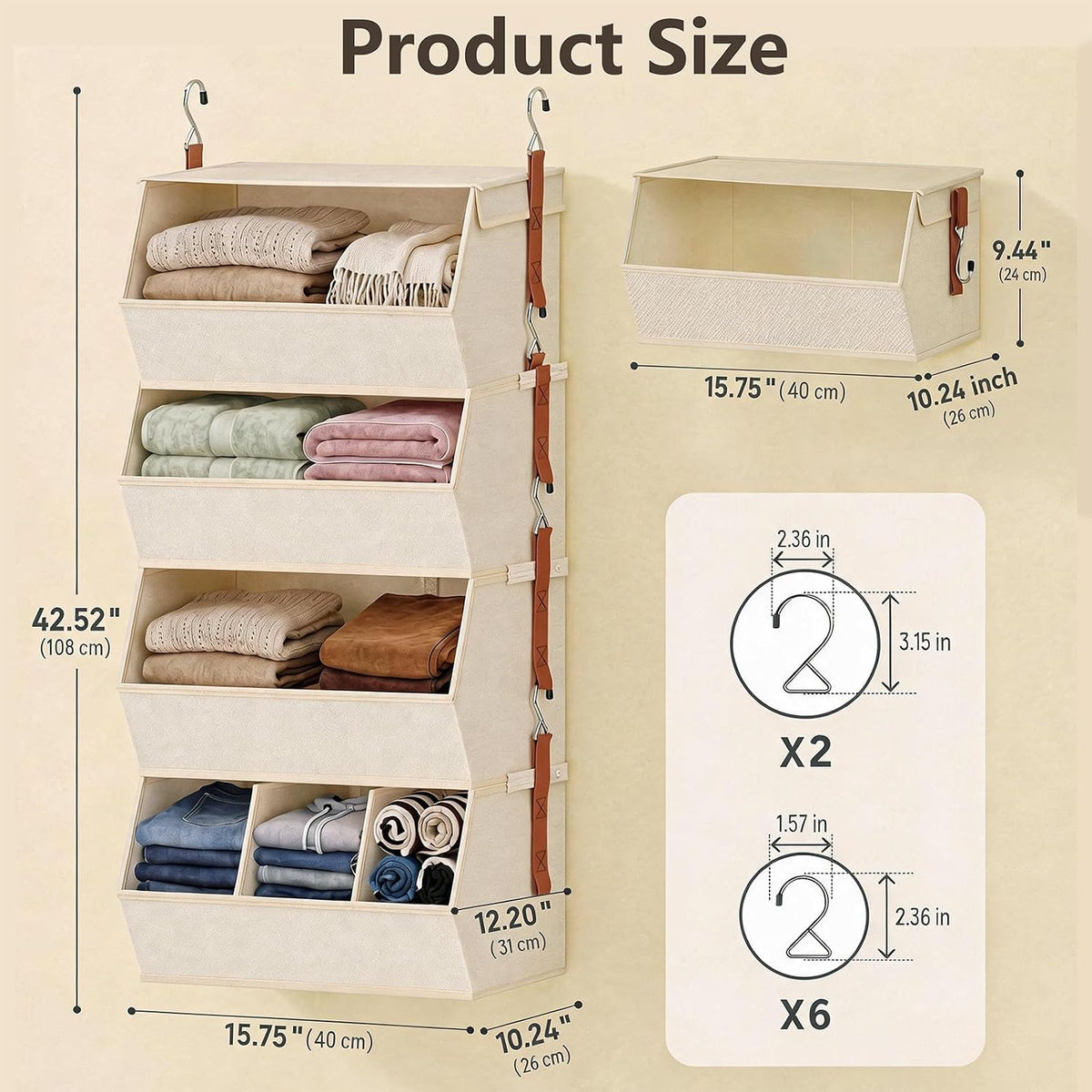BABUFINE Hanging Closet Organizer, 4-Tier Wide Shelves with Cover, Divider