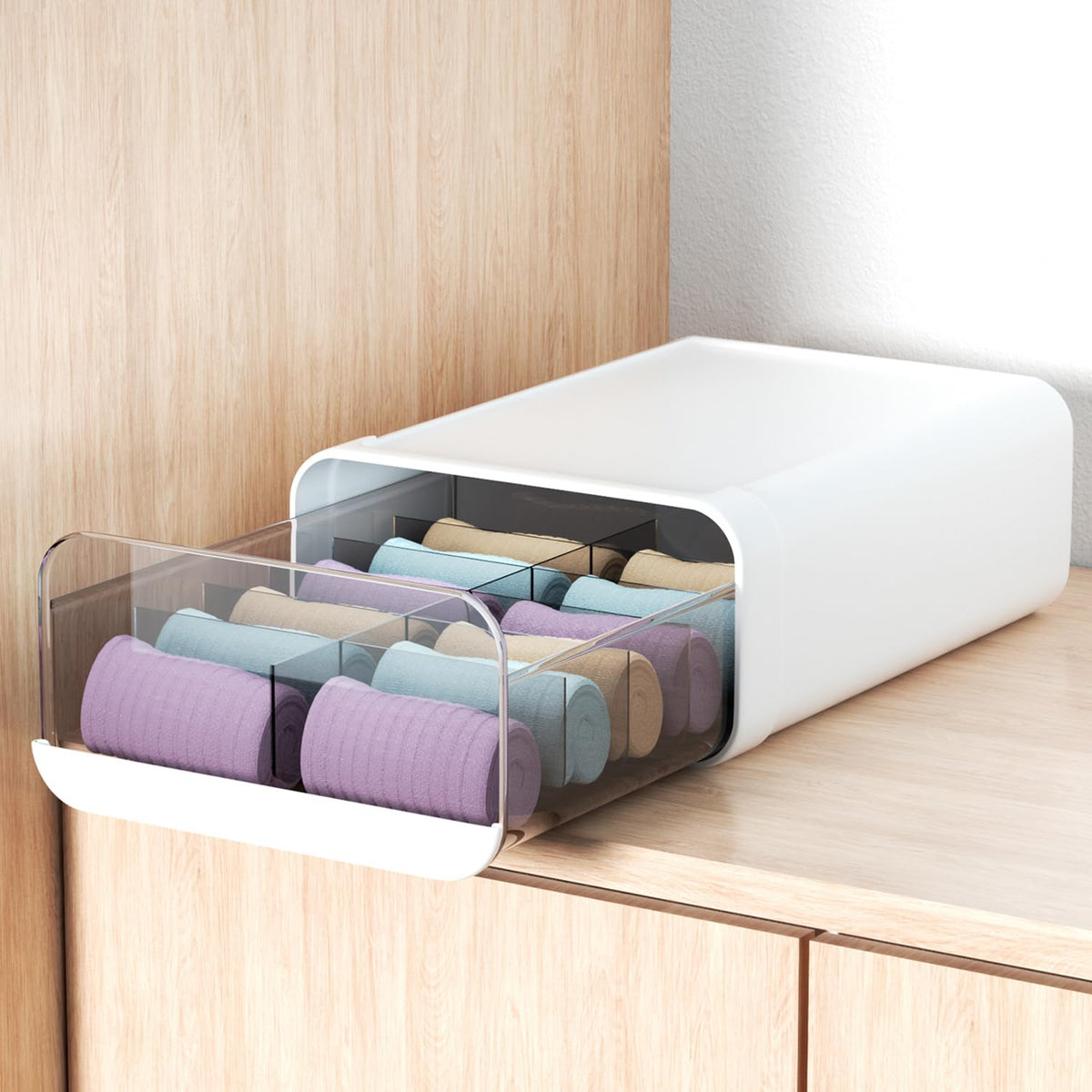 Underwear Organizer Drawer, 24 Cells Plastic Sock Underwear Storage Drawer, Stackable Closet Organizers and Storage Box for Bras, Socks, Scarves, Ties, Belt (King Size-White, 1 Pcs)