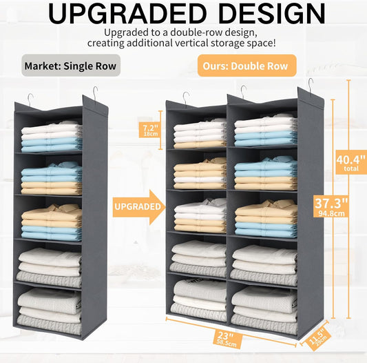5 Tier Hanging Closet Organizer, Dual Row Wardrobe Storage with Hooks, Grey