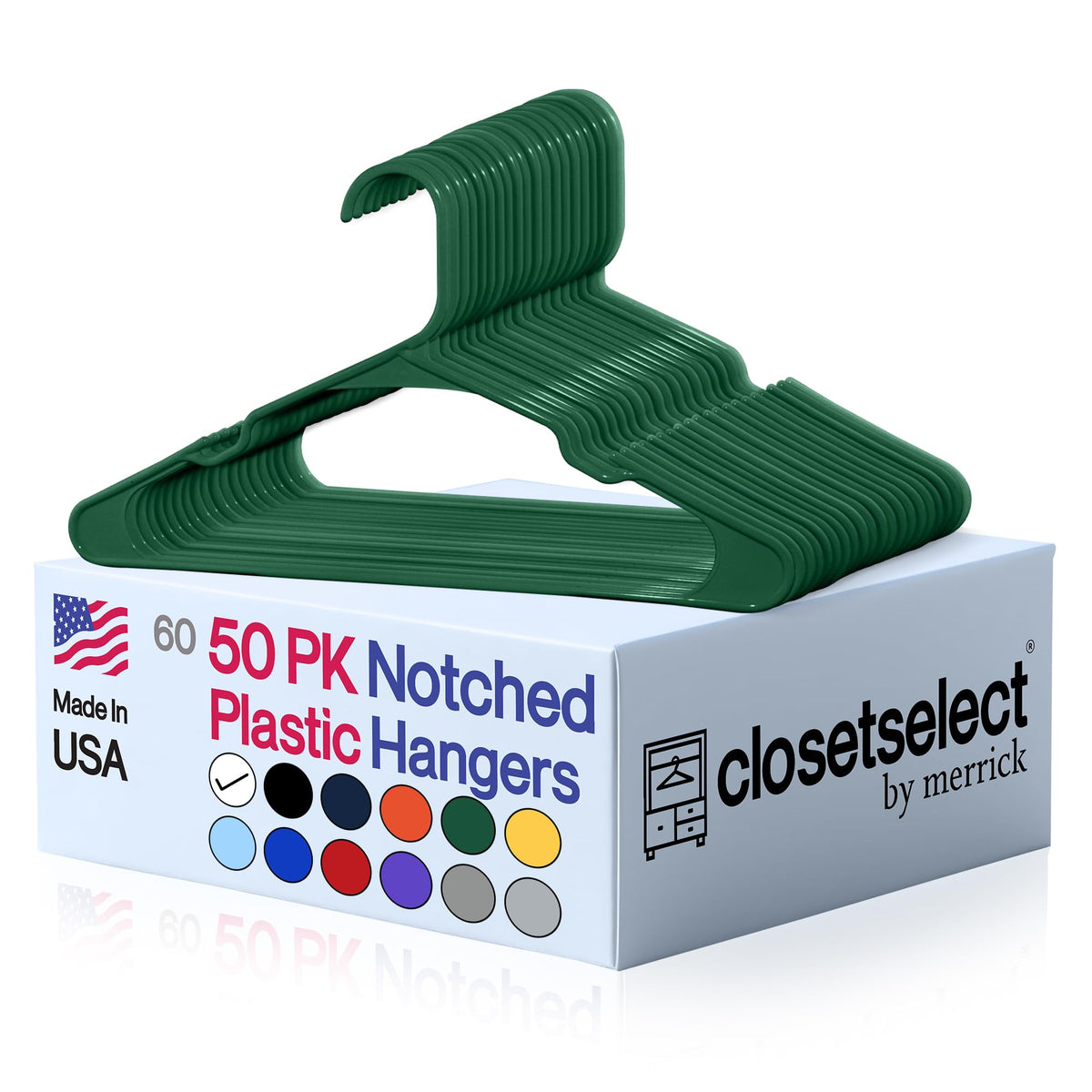 Closetselect Plastic Hangers 50 Pack, Strong Space Saving Notch Hanger, Made in USA, Perfect Shirt or Coat Plastic Hanger, with Shoulder Grooves, White, Notched