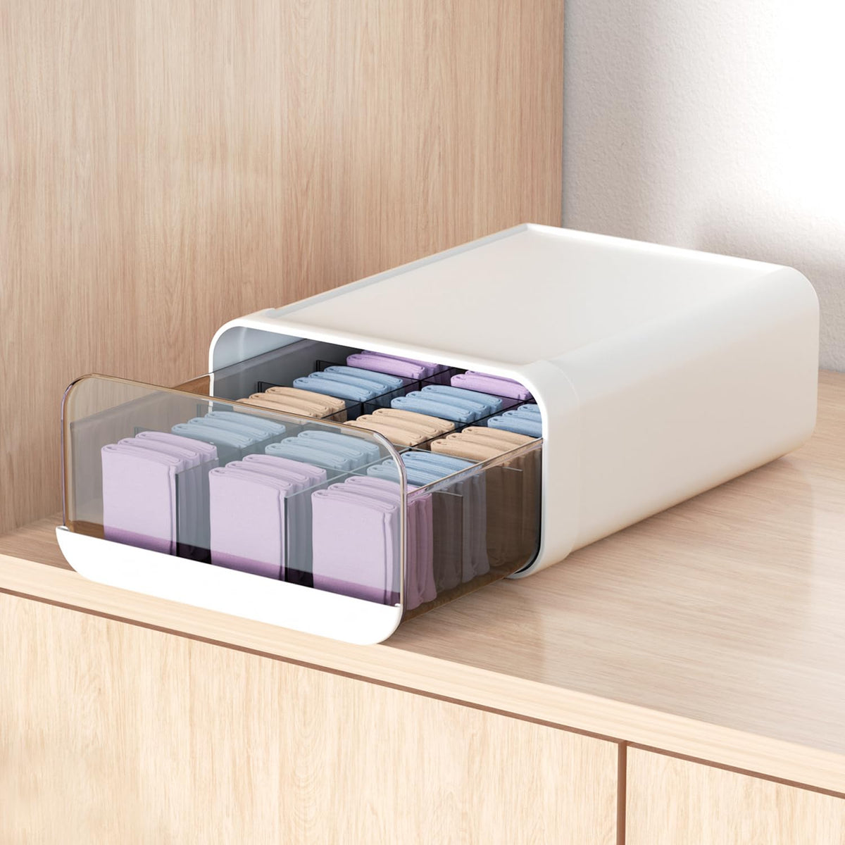 Underwear Organizer Drawer, 24 Cells Plastic Sock Underwear Storage Drawer, Stackable Closet Organizers and Storage Box for Bras, Socks, Scarves, Ties, Belt (King Size-White, 1 Pcs)