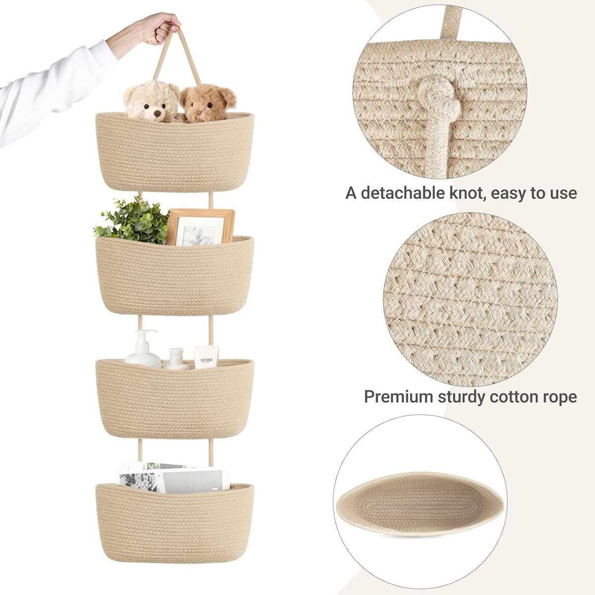 Dahey Over The Door Hanging Basket Storage 4-Tier Woven Wall Basket, Jute