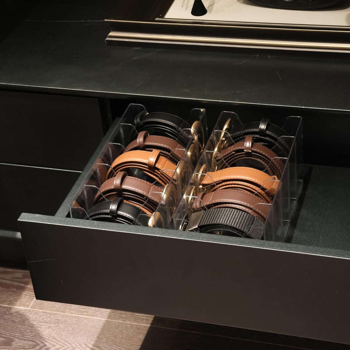 Belt Organizer - 2 Pack Clear Stackable Belt holder For Closet Drawer Storage - 5 Compartments with Removable Dividers, Multi-Purpose Display Bins With Inserts For Ties,Socks,underwear (2)