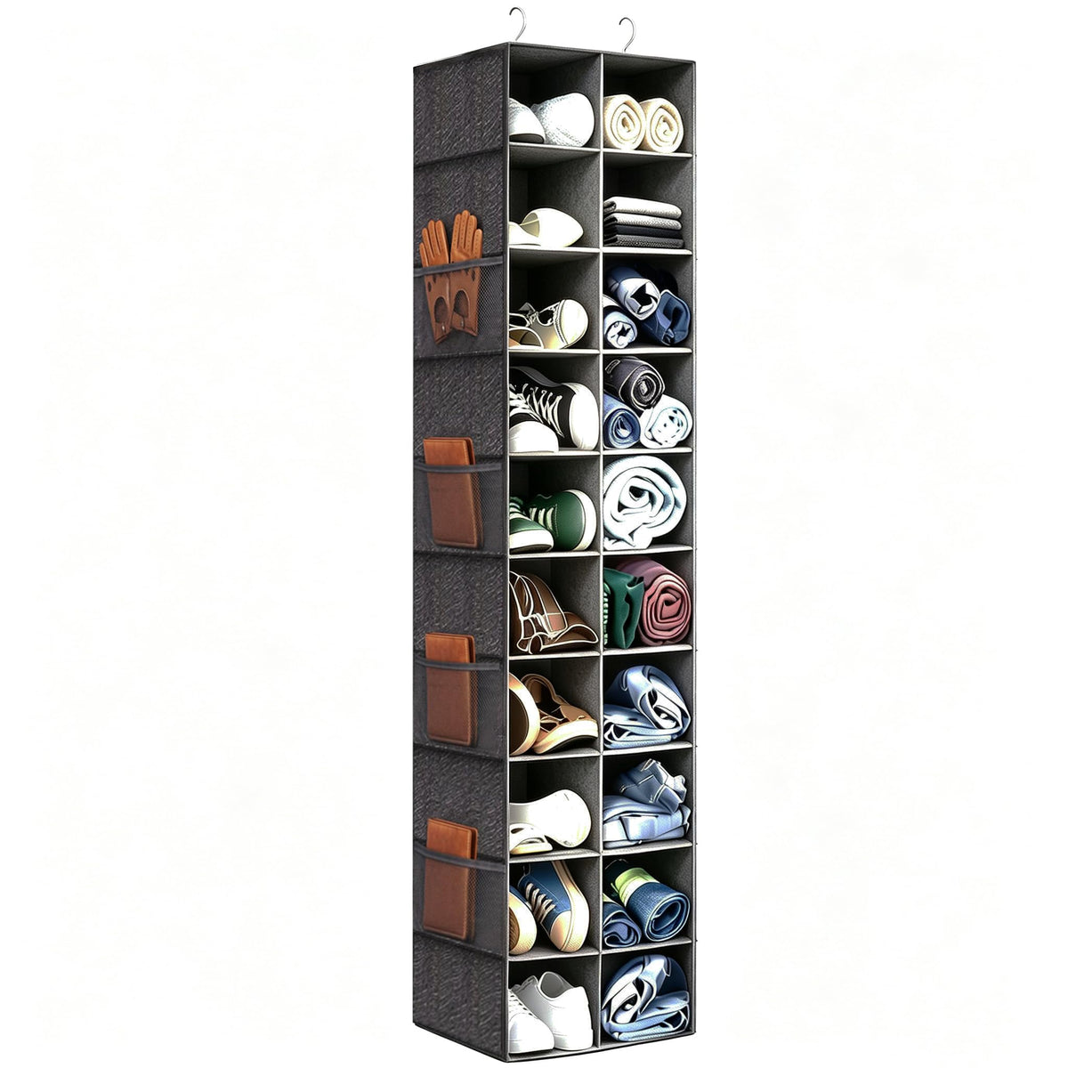 Hanging Shoe Organizer for Closet - 20 Extended Sections Closet Shoe Storage Rack with 8 Side Mesh Pockets, Foldable Shelves Holder for Clothes Shoes Shirts Jeans Hats