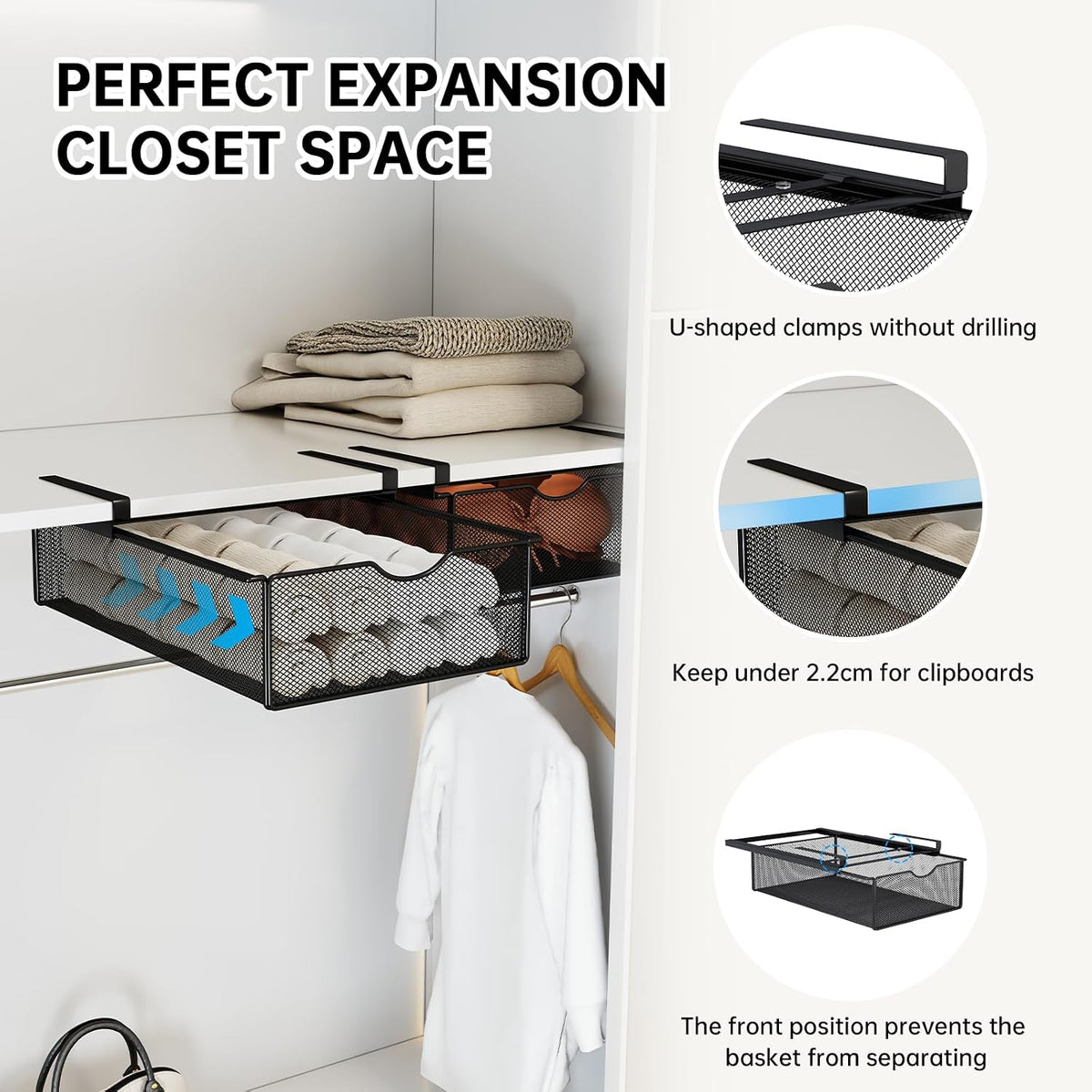 2 Pack Underwear Sock Drawer Organizer Set, Pull-Out Storage Baskets for Bra & Clothing, Closet & Dorm Room Organization Essentials(Black)