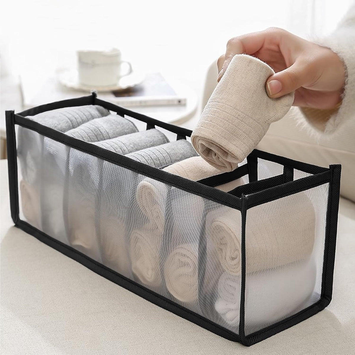 2-Pack Underwear Storage Organizer, 7-Compartment Foldable Drawer Divider for Home, Closet, and Travel Use, Mesh Fabric Organizer Box for Clothing