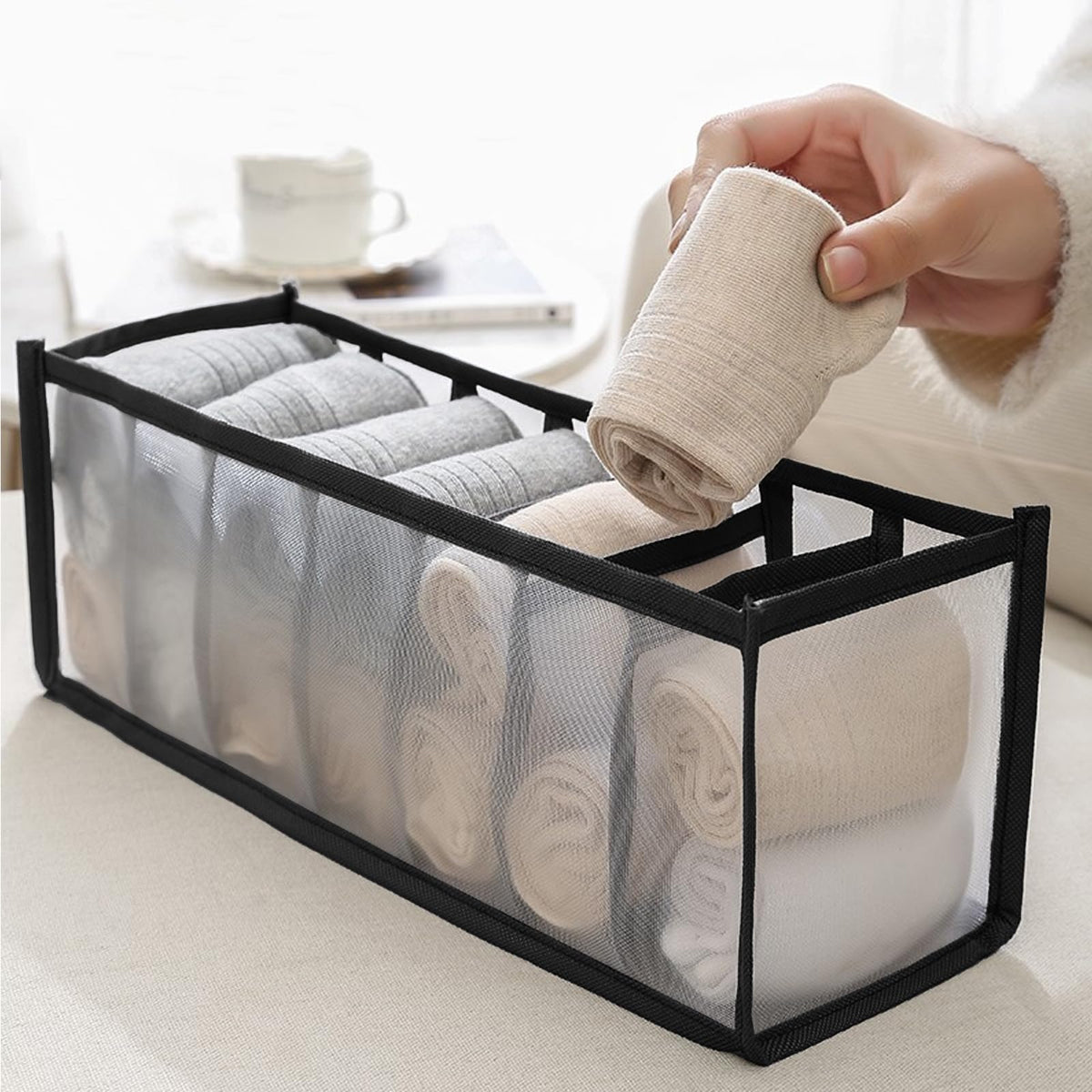 2-Pack Underwear Storage Organizer, 7-Compartment Foldable Drawer Divider for Home, Closet, and Travel Use, Mesh Fabric Organizer Box for Clothing