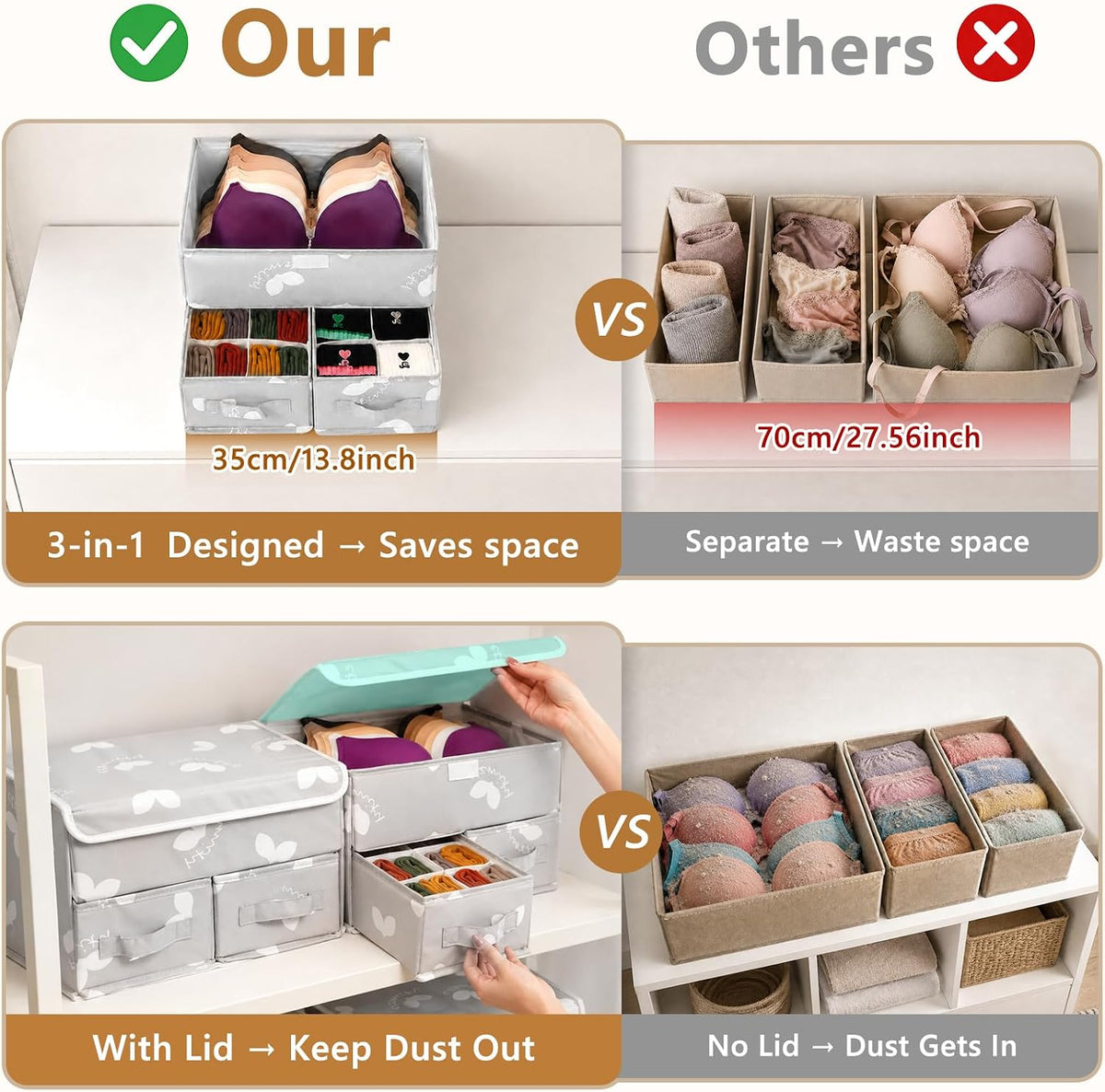 EASEVE Sock Underwear Drawer Divider - Closet Organizers and Dresser Organizer Wardrobe Clothes Box Storage Bins with Lid for Bra, Leggings, Shirt, Panty (1 Pack, Grey)