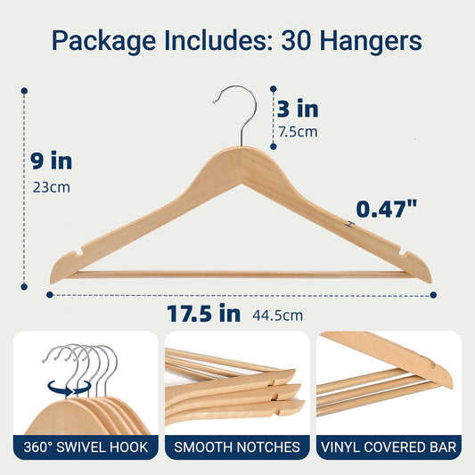 Amber Home 30 Pack Natural Wooden Coat Hangers, Wood Suit Hangers