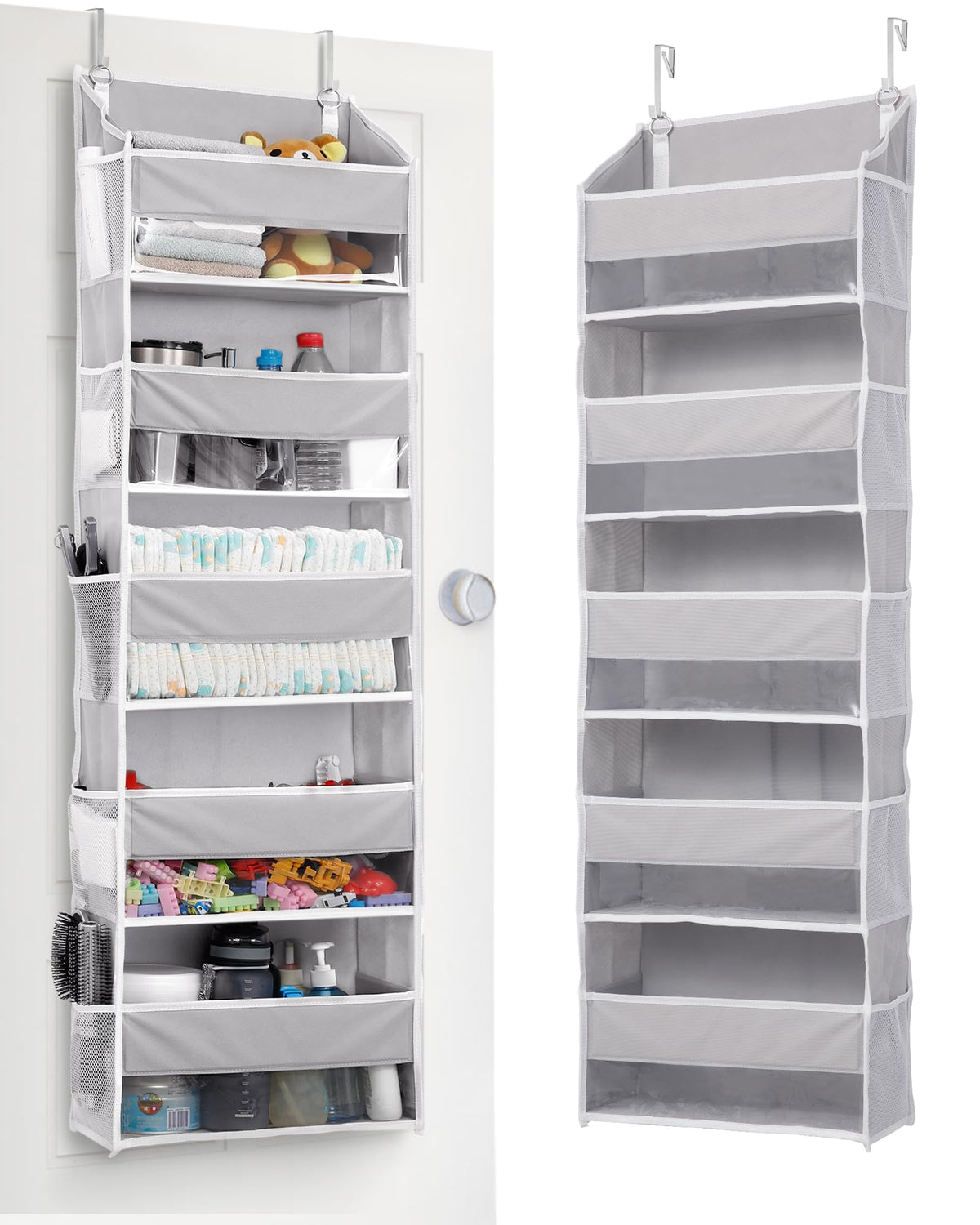 ULG 1 Pack Over Door Organizer with 5 Large and 10 Mesh Side Pockets, 44 lbs Weight Capacity Hanging Storage with Clear Window Kids Toys, Shoes, Diapers, Dark Grey, 5 Layers