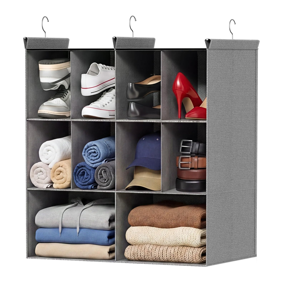 6 Tier Hanging Closet Organizer, 16 Compartments Dual Row Storage, Grey