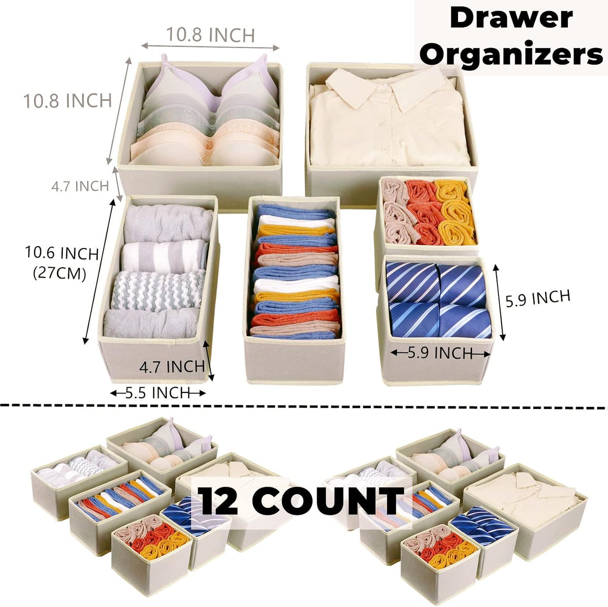 Fordonral 12 Pack Drawer Organizer Clothes, Foldable Fabric Dresser Organizer Closet Organizers and Storage Box for Underwear,Folded Clothes,Baby Clothing,Socks,Bra,Towels,Ties(12 Pack,Beige)