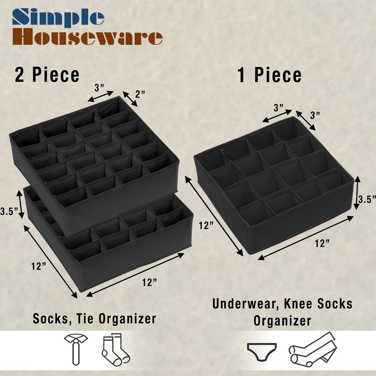 Simple Houseware Sock Drawer Organizer, 3 Pack, Black