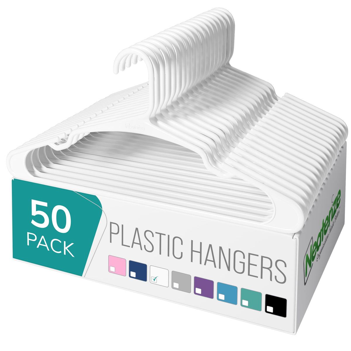 NEATERIZE Clothes Hangers Plastic 50 Pack for Adults - Plastic Hangers, The Perfect Coat Hanger and Space Saving Clothes Hangers for Closet, Percheros Ganchos para Colgar Ropa Hangars - White Hangers