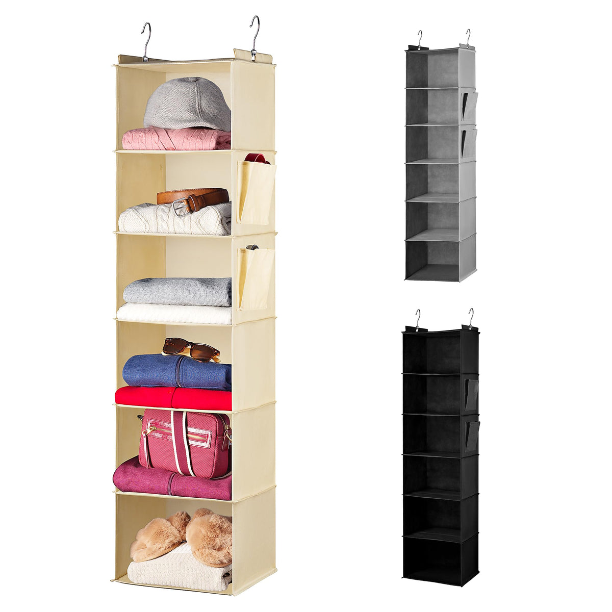 Handy Laundry Hanging Closet Organizer - 6 Shelf Storage for Clothes, Sweaters, Shoes & Accessories - Space-Saving Wardrobe Shelves with Hooks for Dorm, RV & Small Closet Organization (Grey)