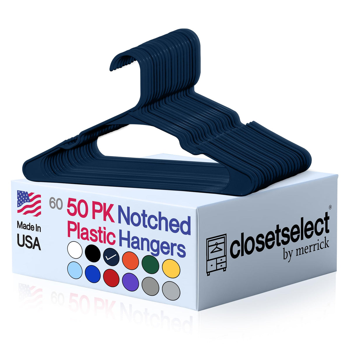 Closetselect Plastic Hangers 50 Pack, Strong Space Saving Notch Hanger, Made in USA, Perfect Shirt or Coat Plastic Hanger, with Shoulder Grooves, White, Notched