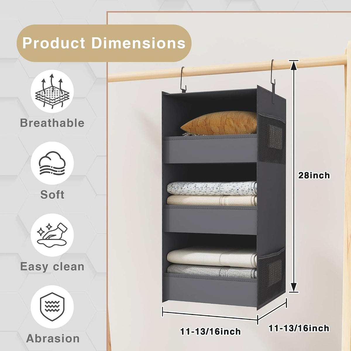 3-Shelf Hanging Closet Organizer, Washable Foldable Storage, Dark Gray