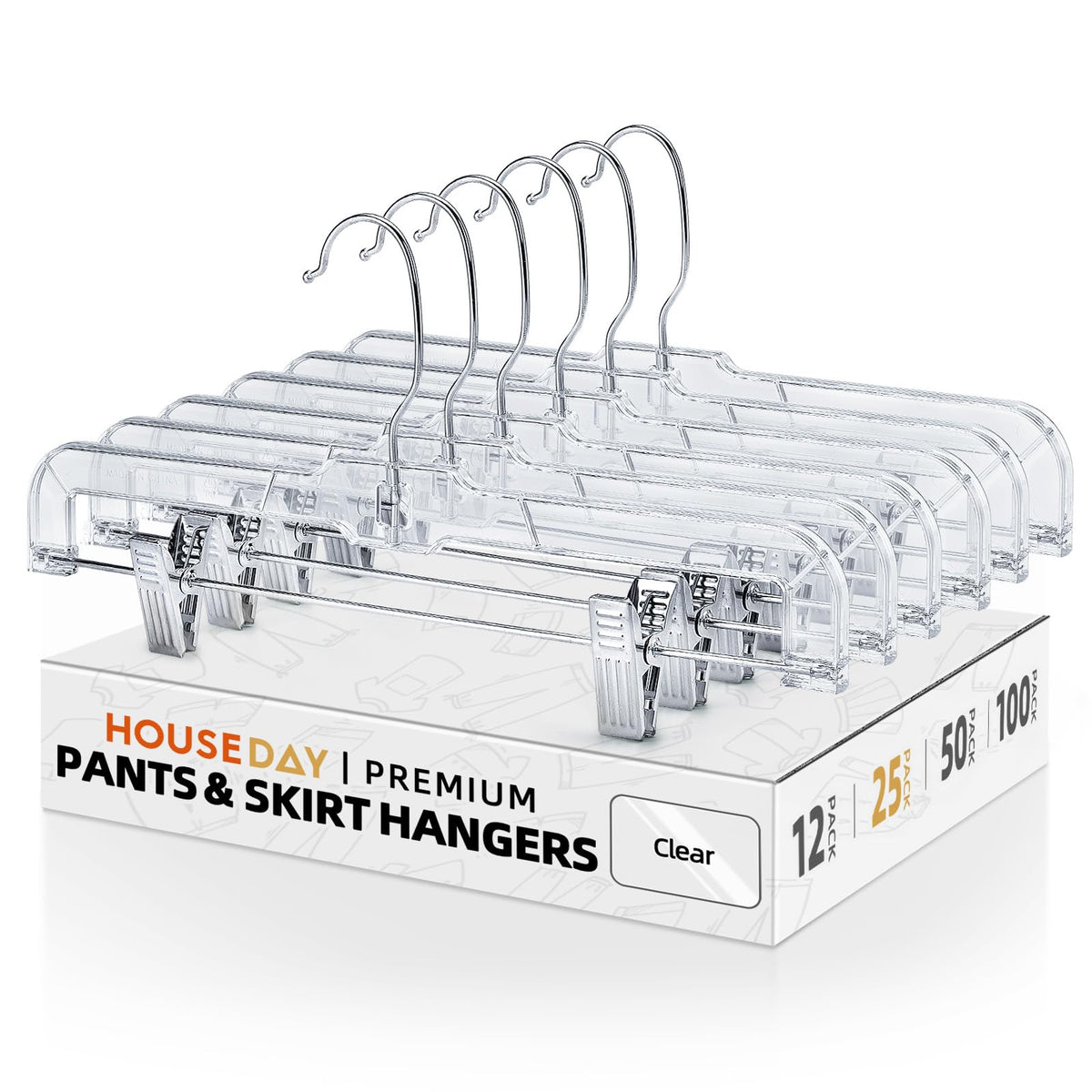 HOUSE DAY 14 Inch Clear Pants Hangers with Clips 12 Pack, Skirt Hangers