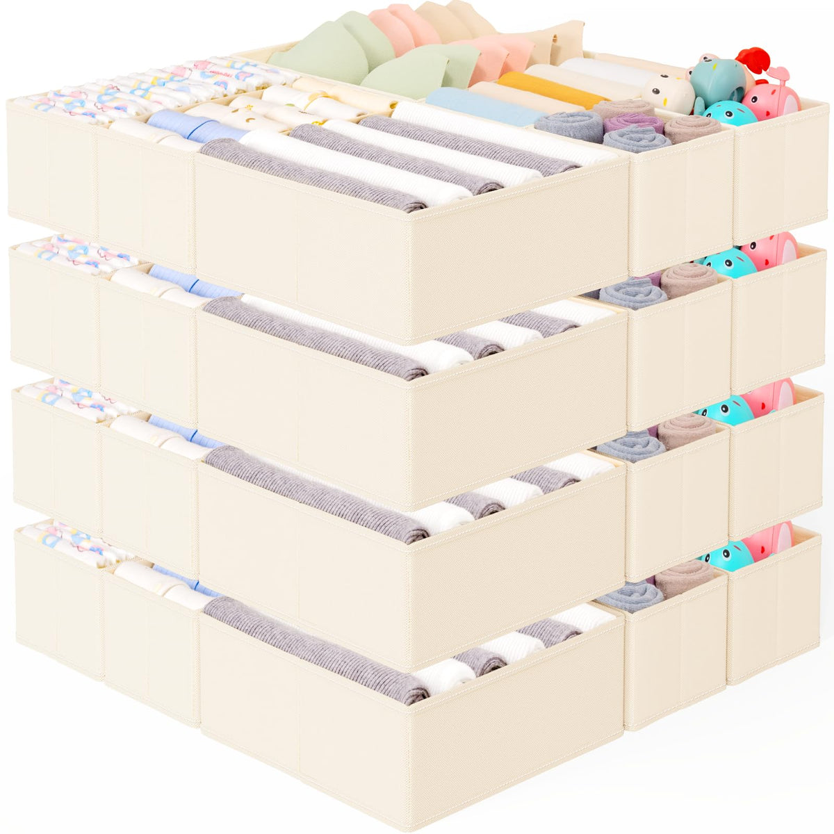 Criusia 15 Pack Drawer Organizer for Clothes, Foldable Dresser Dividers with 3 Sizes, Fabric Storage Bins – Beige