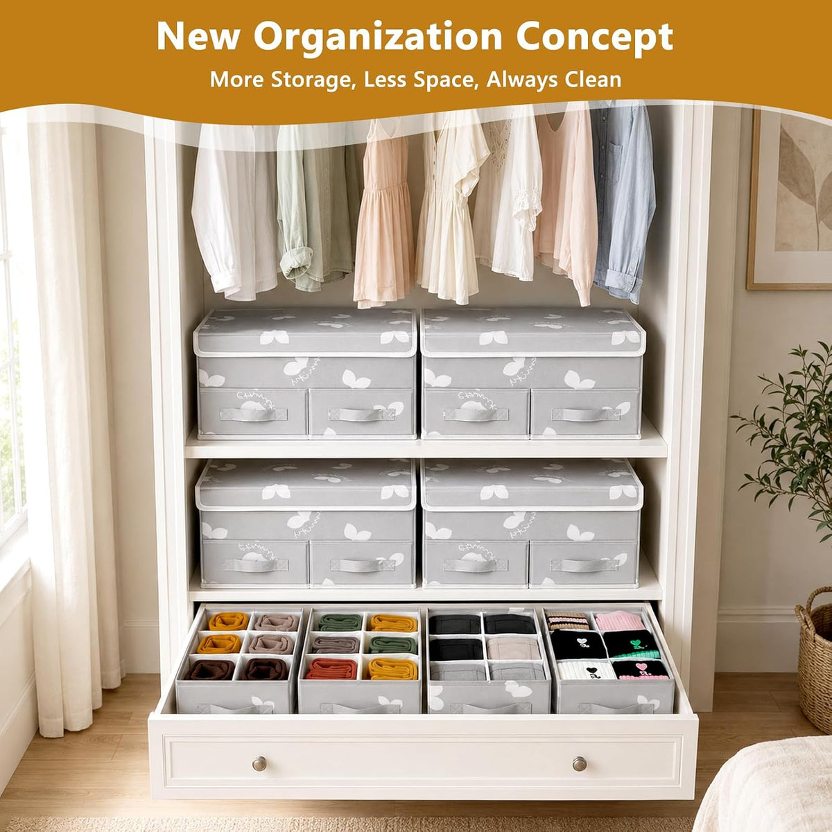 EASEVE Sock Underwear Drawer Divider - Closet Organizers and Dresser Organizer Wardrobe Clothes Box Storage Bins with Lid for Bra, Leggings, Shirt, Panty (1 Pack, Grey)