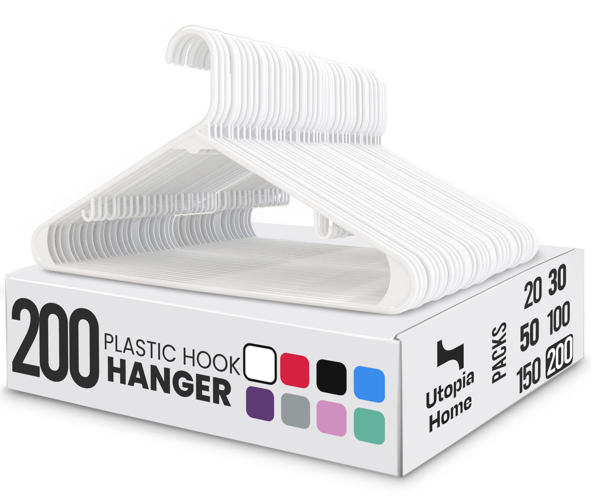 Utopia Home Plastic Hangers 50 Pack – Built-in Strap Hooks Black