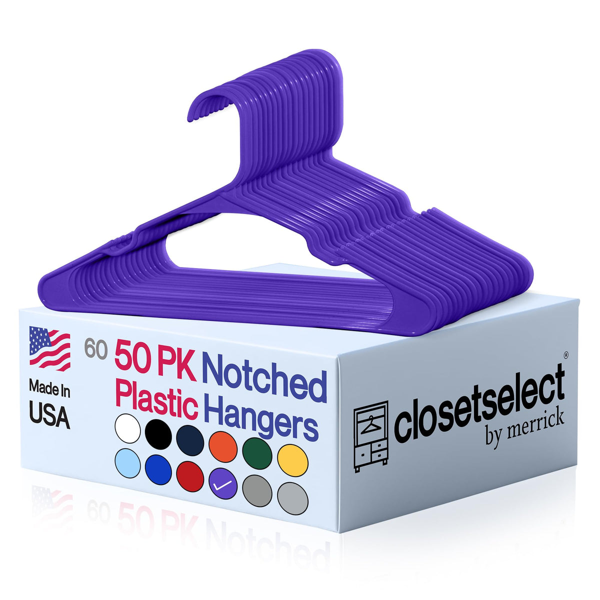 Closetselect Plastic Hangers 50 Pack, Strong Space Saving Notch Hanger, Made in USA, Perfect Shirt or Coat Plastic Hanger, with Shoulder Grooves, White, Notched