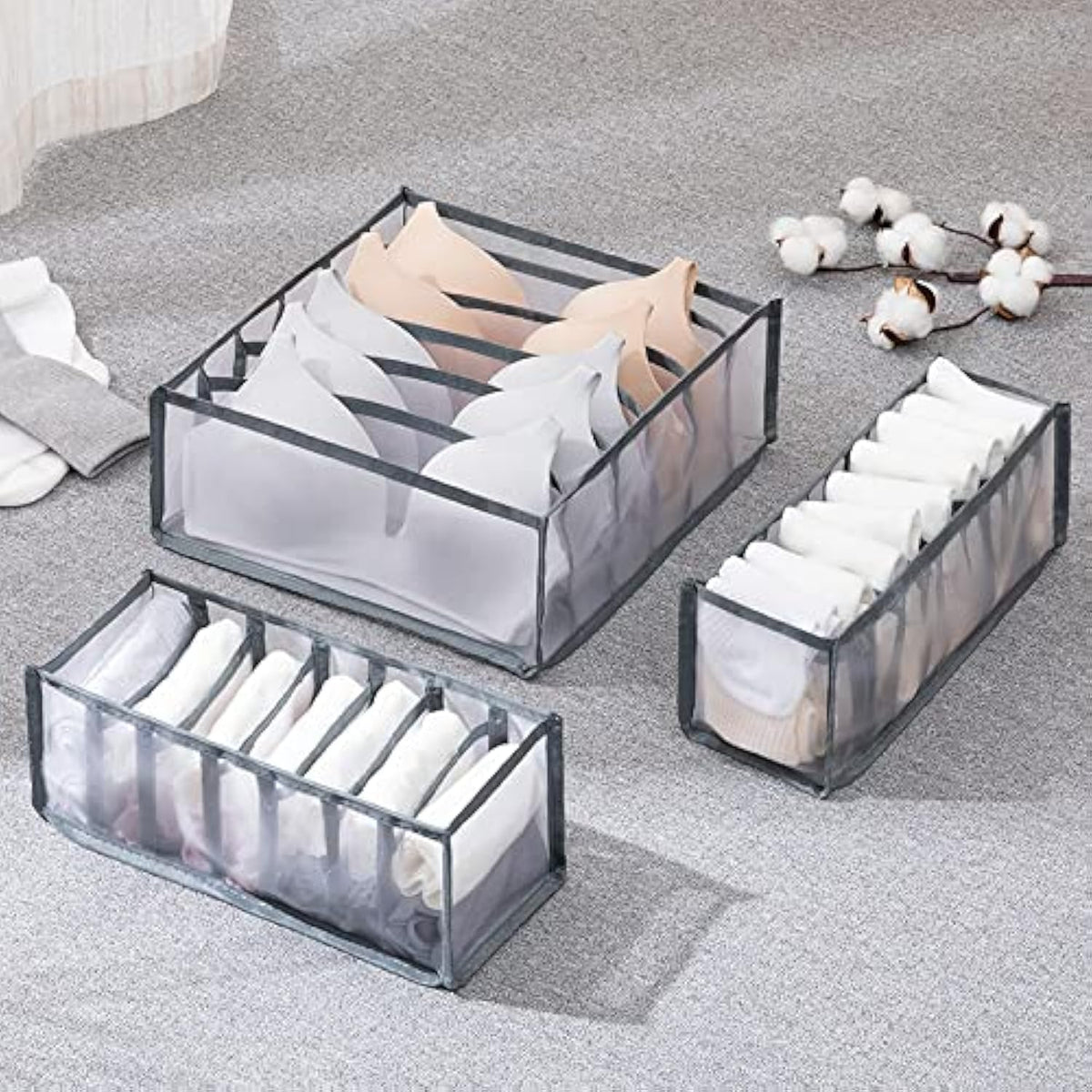 TOPARCHERY Foldable Bra & Underwear Organizer - 3 Set Drawer Divider Storage for Bras, Socks, Ties - White