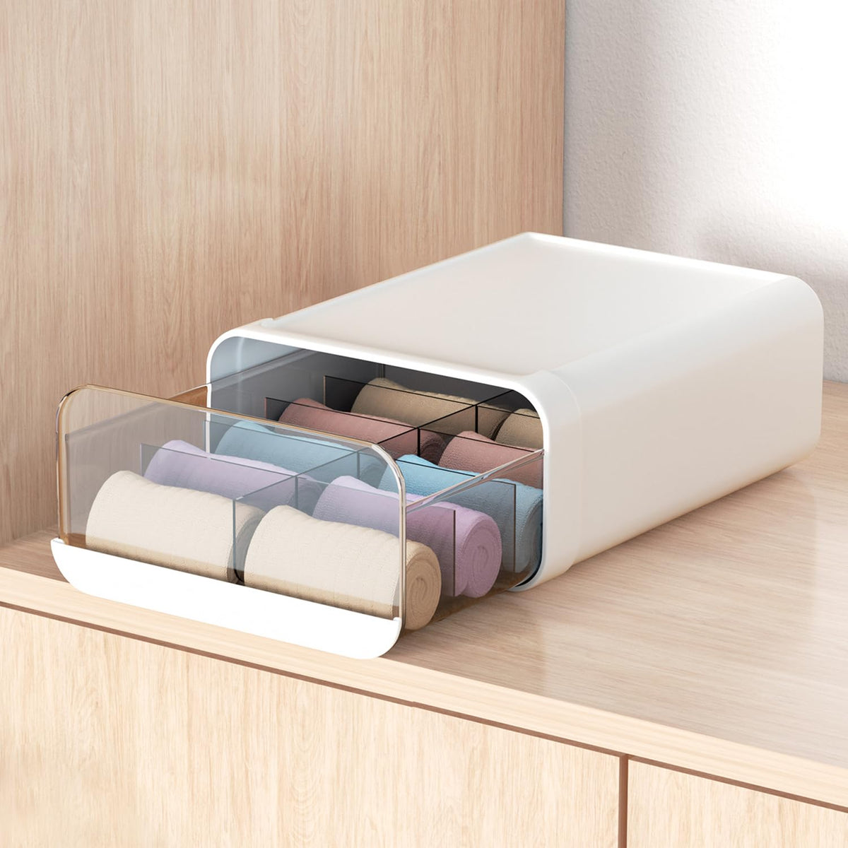 Underwear Organizer Drawer, 24 Cells Plastic Sock Underwear Storage Drawer, Stackable Closet Organizers and Storage Box for Bras, Socks, Scarves, Ties, Belt (King Size-White, 1 Pcs)