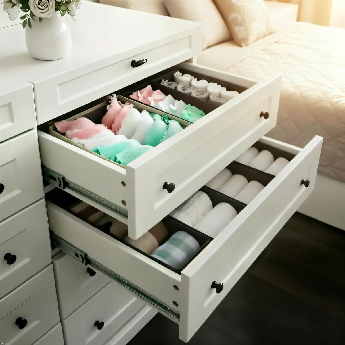 Bructhun Drawer Organizer Set of 4- Fabric Storage Bins for Clothes, Underwear, Socks & Bras - 11" Dresser Dividers for Bedroom Closet