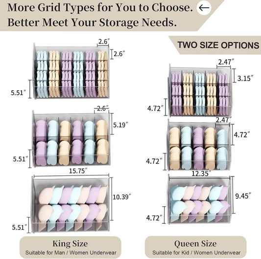 Underwear Organizer Drawer, 24 Cells Plastic Sock Underwear Storage Drawer, Stackable Closet Organizers and Storage Box for Bras, Socks, Scarves, Ties, Belt (King Size-White, 1 Pcs)