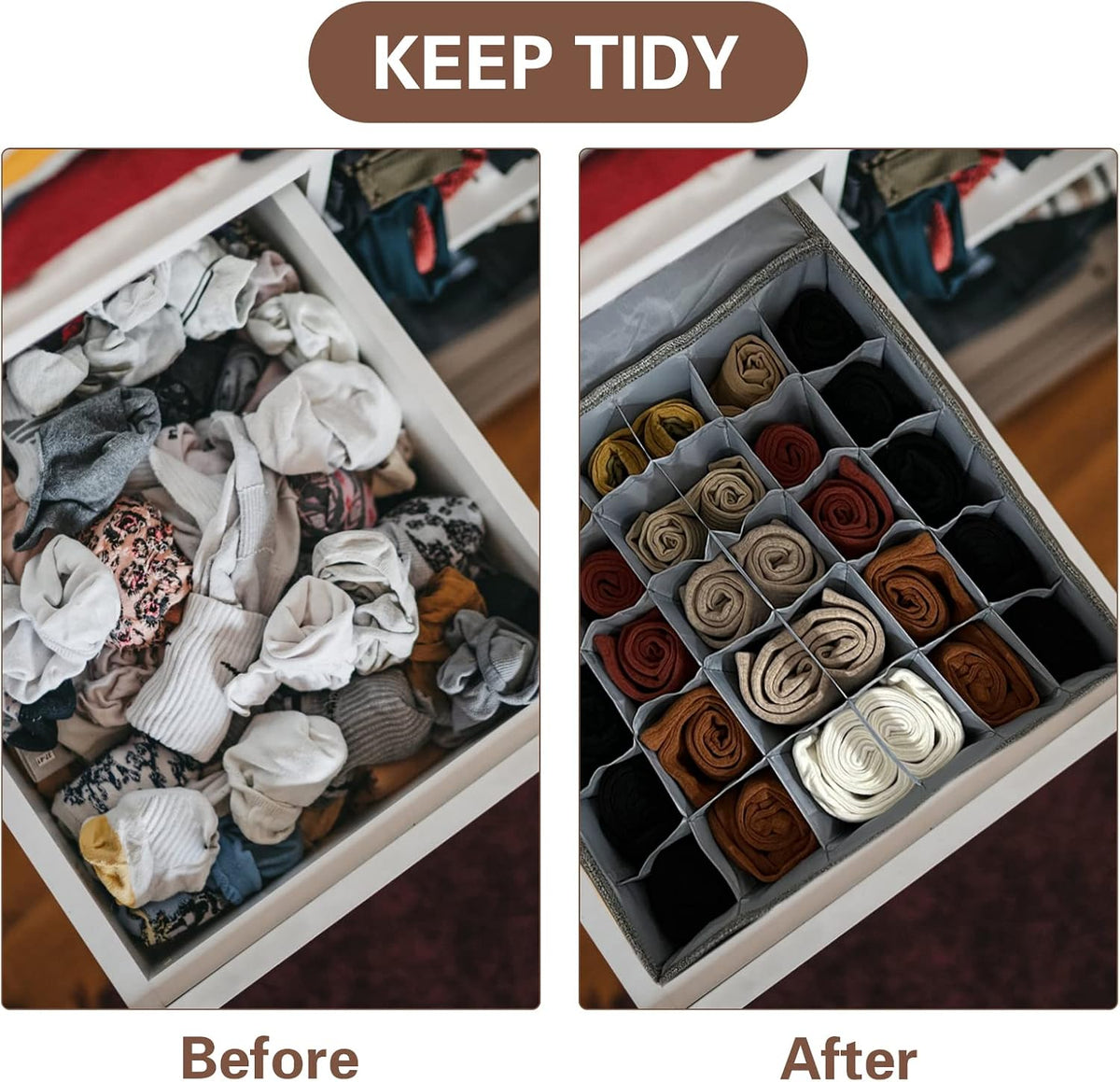 PINGMIC 2-Pack Sock & Tie Organizer with Lid, 30-Cell Foldable Storage Box