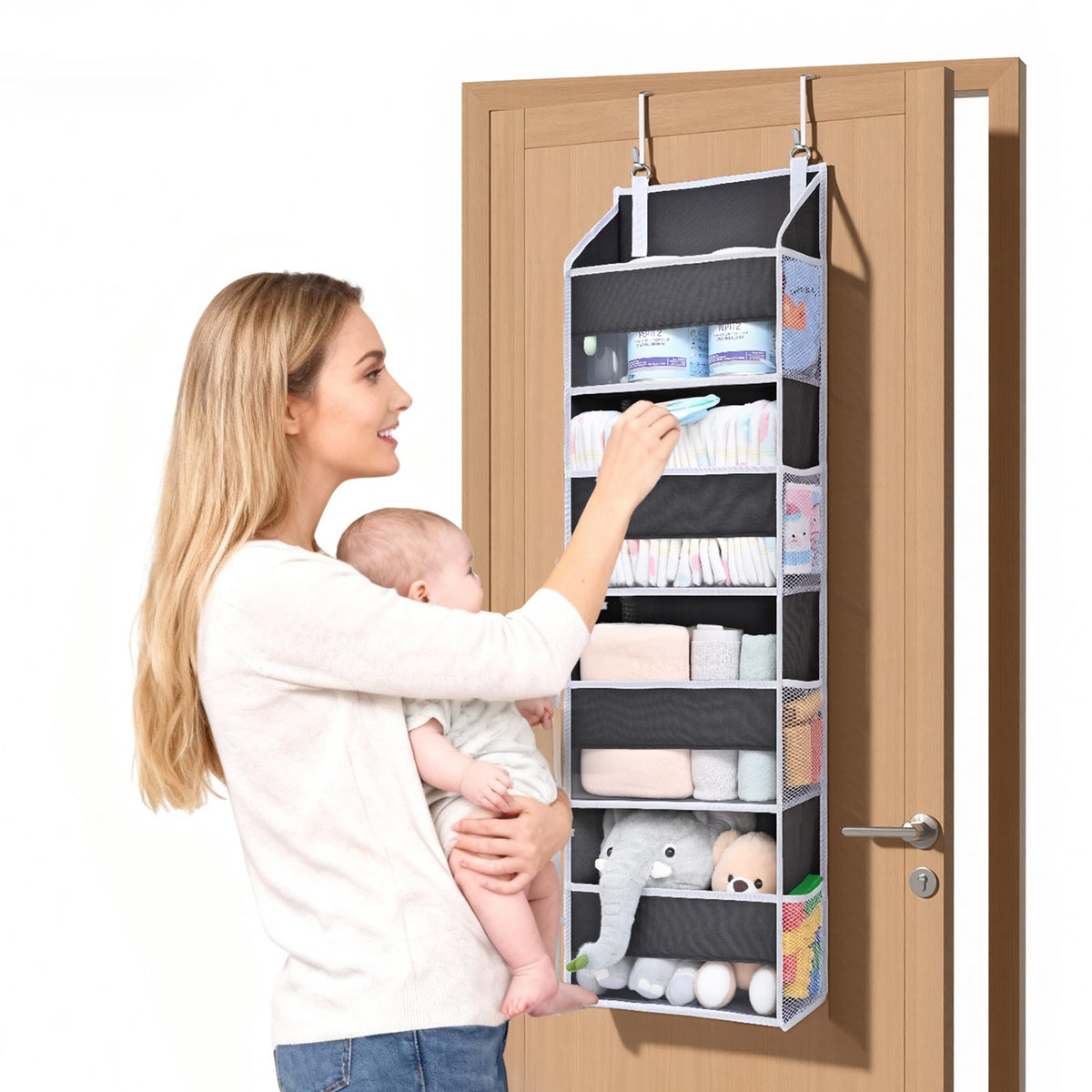 ULG 1 Pack Over Door Organizer with 5 Large and 10 Mesh Side Pockets, 44 lbs Weight Capacity Hanging Storage with Clear Window Kids Toys, Shoes, Diapers, Dark Grey, 5 Layers