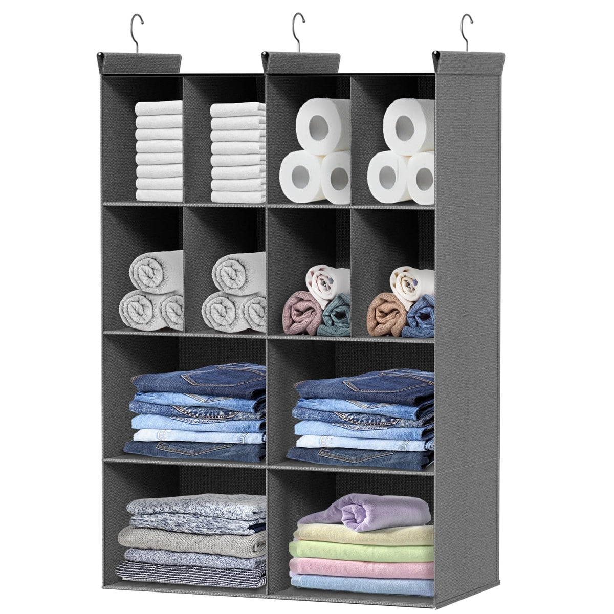 6 Tier Hanging Closet Organizer, 16 Compartments Dual Row Storage, Grey