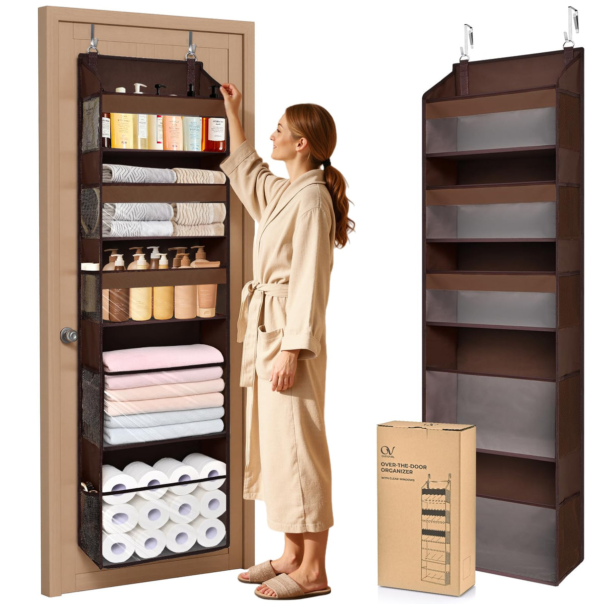 5 Tiers Over the Door Organizer with 10 Mesh Side Pockets, 44 lbs Weight Capacity Closet Hanging Storage Organizer with Large Clear Window Kids Toys, Shoes, Diapers, Beige
