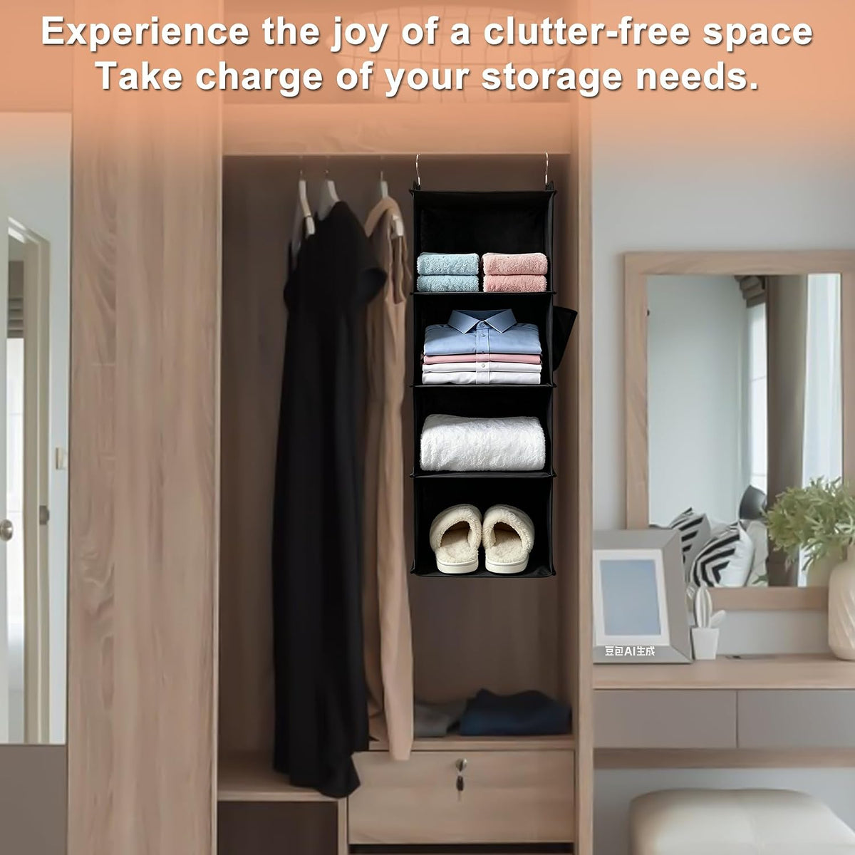 Hanging Closet Organizer and Shelves,4 Shelves with 1 Side Pockets (Grey)