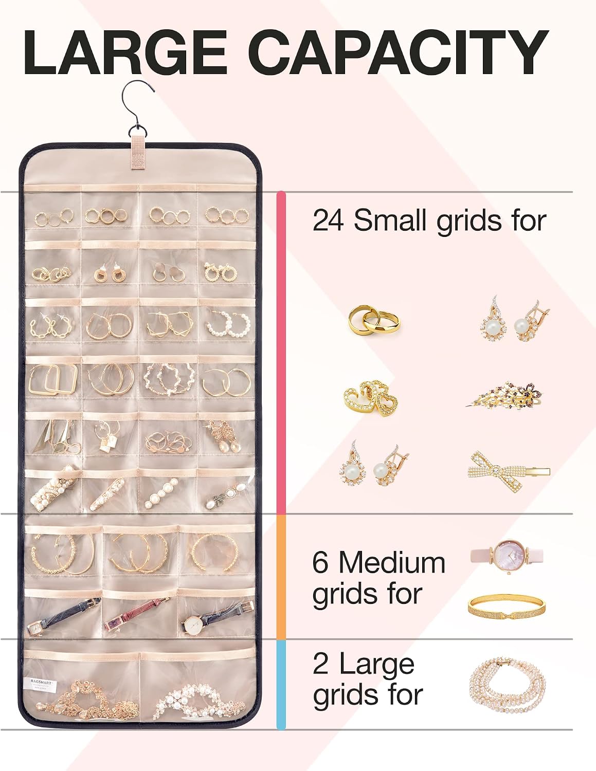 BAGSMART Hanging Jewelry Organizer Necklace/Earring/Ring 2-Sided L Black