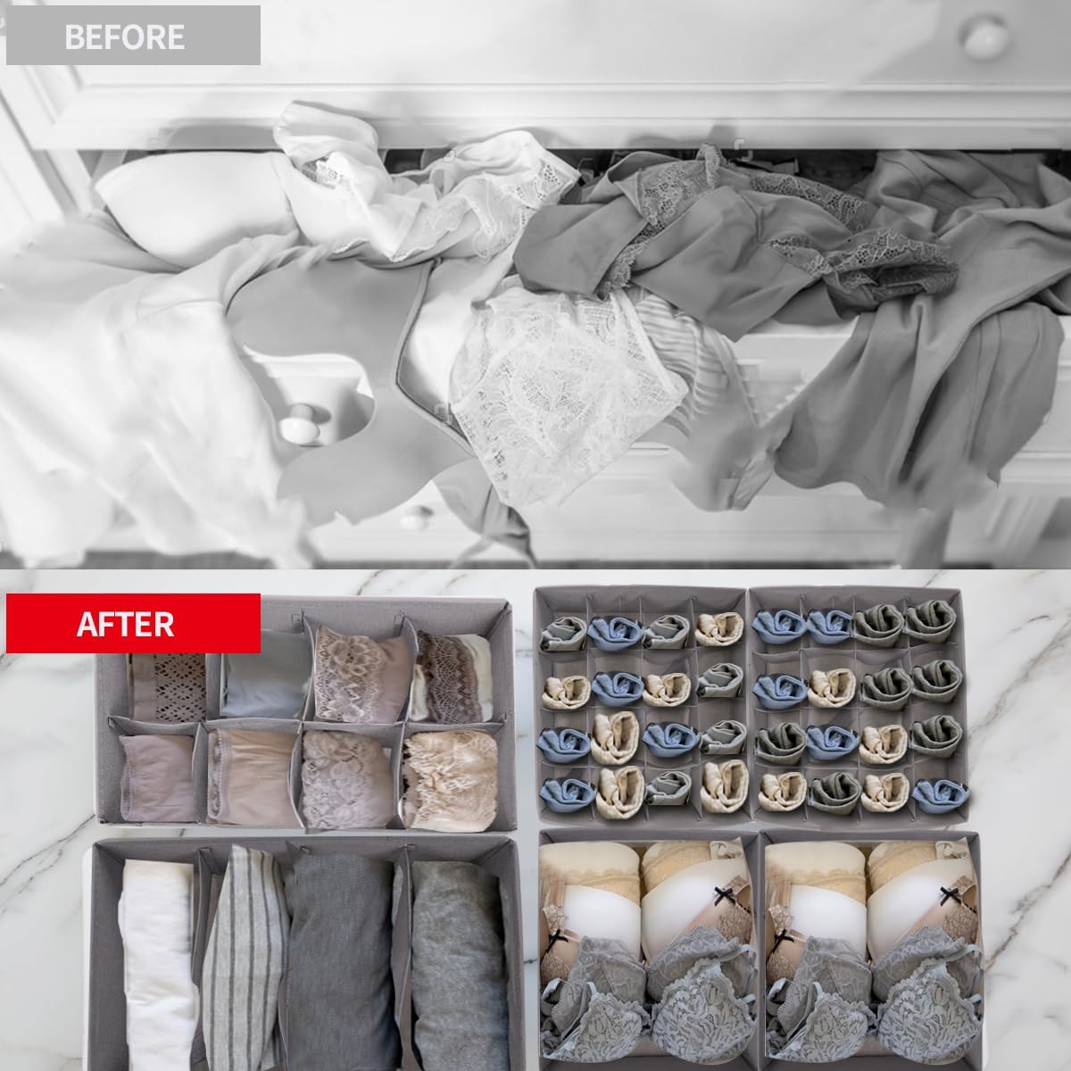 Lourome Underwear Drawer Organizer, 5-Pack, for Socks, Bras, Tie, Grey