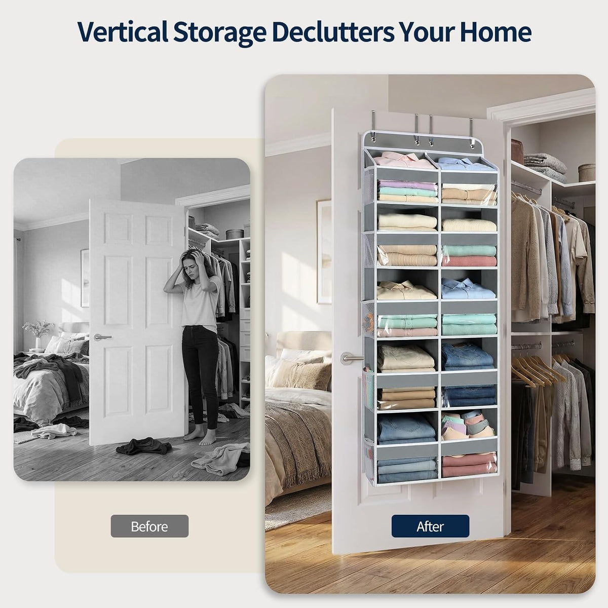 Yecaye Over The Door Organizer, 5 Tier Extra Large Behind Door Storage of 10 Compartments, 80lbs Heavy Duty Door Organizer Hanging with Clear Window for Closet Bedroom Pantry Bathroom, Grey