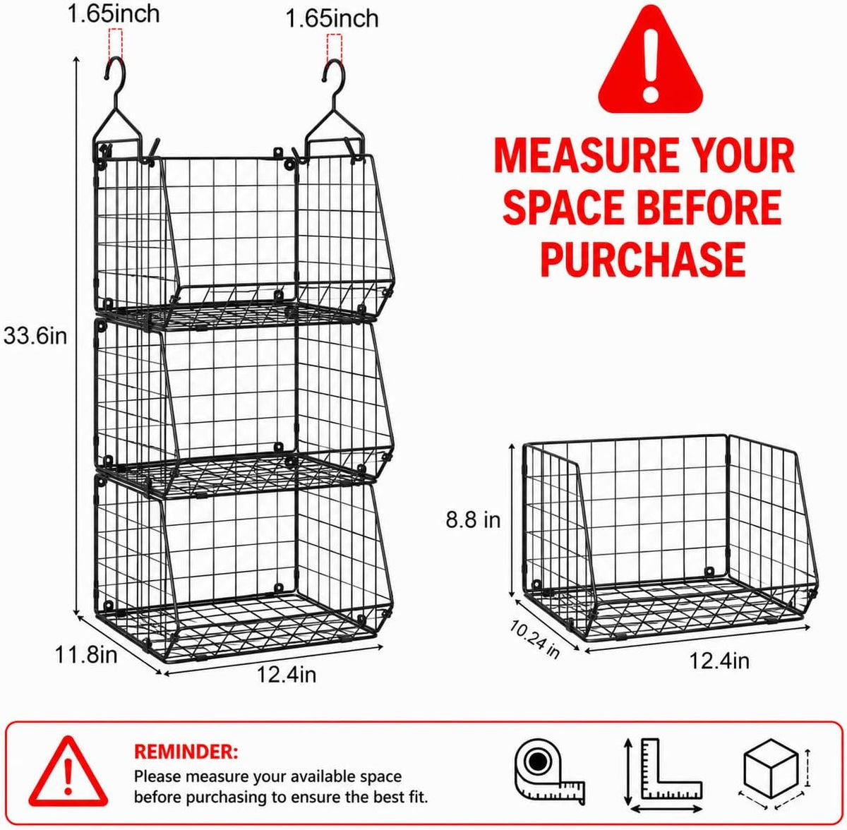 X-cosrack 3-Tier Hanging Closet Organizer, Laundry Room Organization | Space Saving Shelves with 1.65" Hook & 5 S-Hooks | Hanging Wire Baskets (12.4" W x 8.8" H x 10.24-11.8" D)
