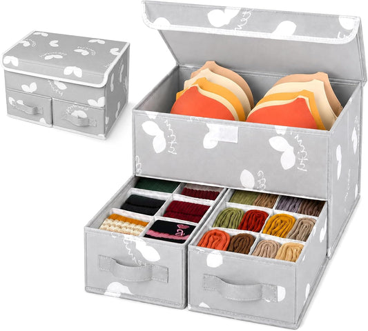 EASEVE Sock Underwear Drawer Divider - Closet Organizers and Dresser Organizer Wardrobe Clothes Box Storage Bins with Lid for Bra, Leggings, Shirt, Panty (1 Pack, Grey)