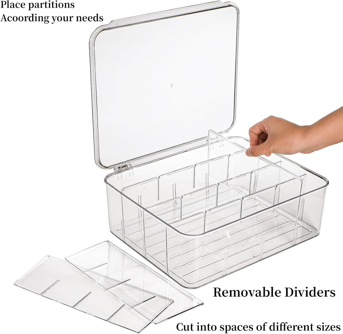Adjustable Sock Underwear Drawer Organizer Dividers, 16 Grid Clear Tea Bag Holder with Lid, Removable Divided Tie Organizer Box, Plastic Storage Bin for Scarves Bras