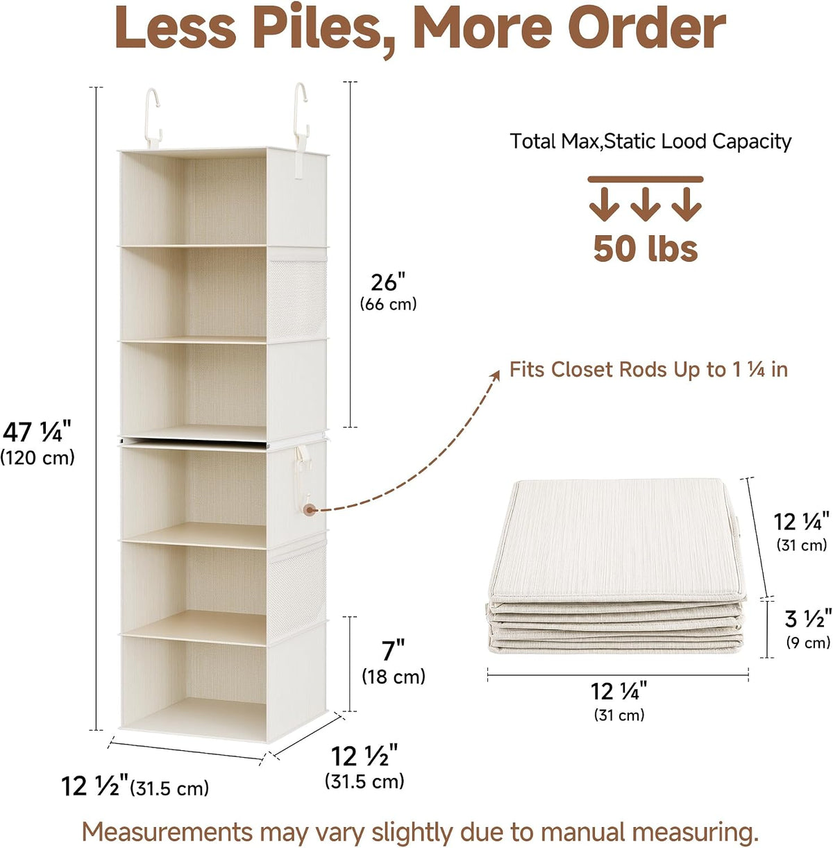 StorageWorks Hanging Closet Organizer, 6-Shelf with 2-in-1 Design, Ivory