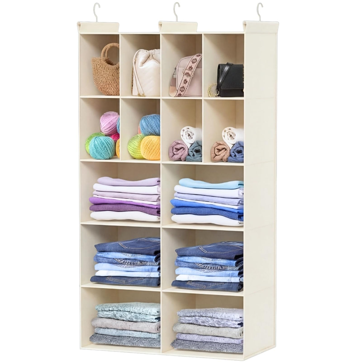 6 Tier Hanging Closet Organizer, 16 Compartments Dual Row Storage, Grey