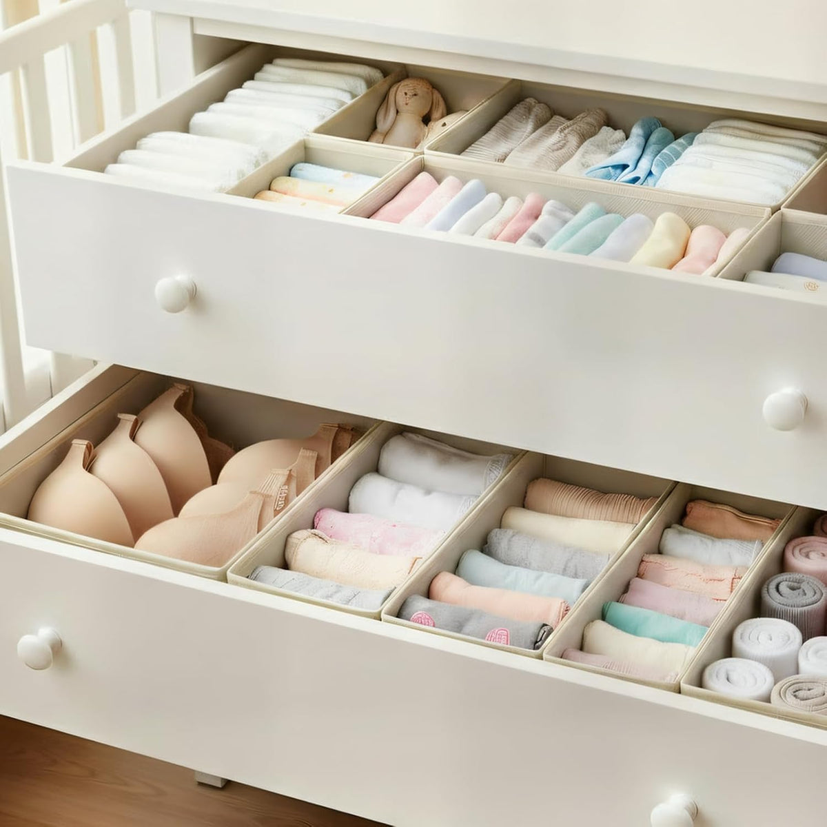 Drawer Organizer Set 4 Pack - Foldable 11" Fabric Storage Bins with Zipper Bottom for Underwear Socks Bras Baby Clothes - Closet Dresser Dividers for Bedroom Nursery, Khaki