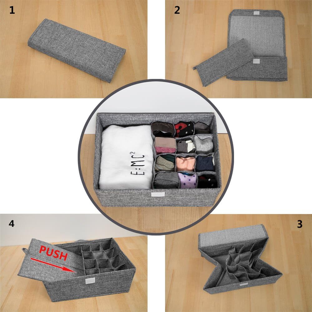 ALYER Collapsible Drawer Organizer,Underwear Drawer Divider for Socks Panties Bras Ties Clothing,Sturdy Closet Storage Divider with Lid(Black)