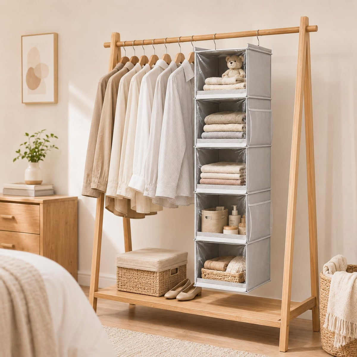 Vailando 5-Shelf Hanging Closet Organizer with Clear Dust Covers, Gray