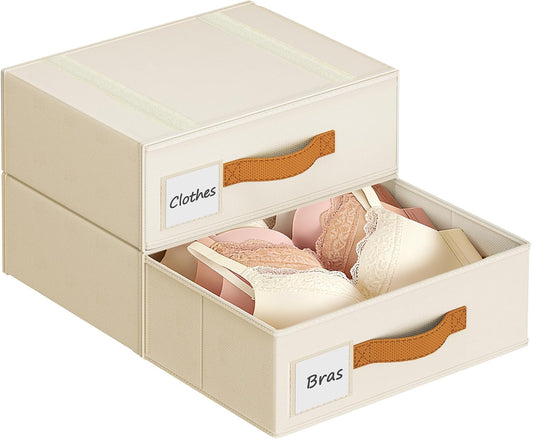Underwear Drawer Organizer, Stackable Bra Organizer for Closet 2 Pack, Bra Storage With Fabric Storage Drawers, Collapsible Closet Organizers for Clothes, Socks, Bra, Scarf, Baby Clothes, Beige