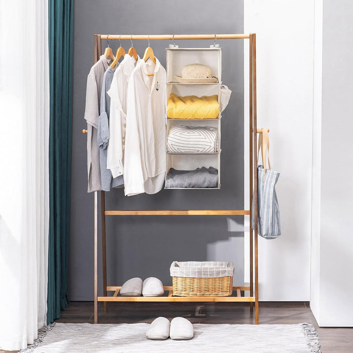 YOUDENOVA Hanging Closet Organizer and Storage for Clothes, 4-Shelf, Beige