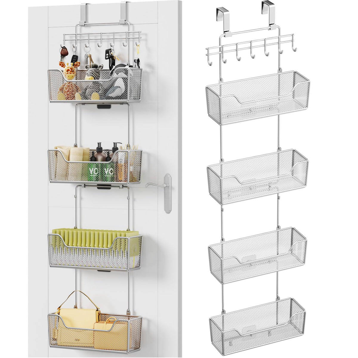 HapiRm Over The Door Organizer - Hanging Door Organizer with 4 Metal Large Capacity Baskets and Adjustable Coat Hook for Bathroom Bedroom Kitchen Pantry Closet Cabinet