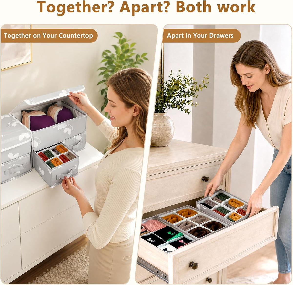 EASEVE Sock Underwear Drawer Divider - Closet Organizers and Dresser Organizer Wardrobe Clothes Box Storage Bins with Lid for Bra, Leggings, Shirt, Panty (1 Pack, Grey)
